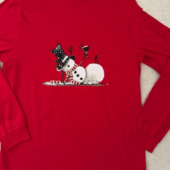 Snowman Holiday Shirt Size Large Cotton Red Winter Supasoft Long Sleeve Tee Top - Picture 2 of 7